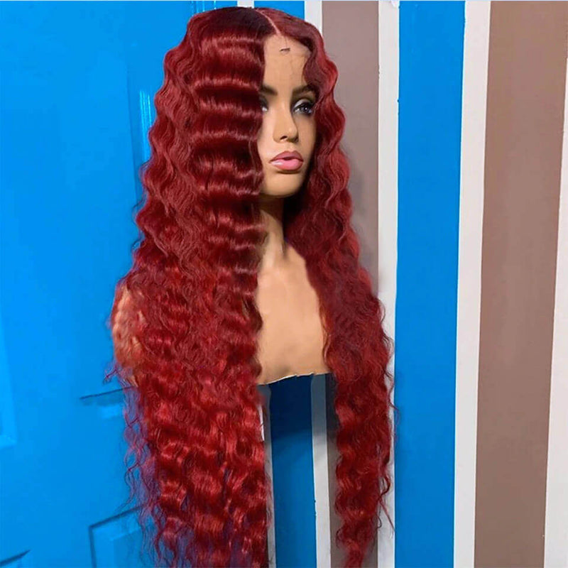 Red Deep Wave Hair Lace Front Wigs 100% Virgin Human Hair Burgundy Wigs