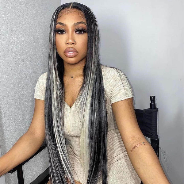 Blonde&Black Highlight Straight Transparent Lace Front Wigs 12A Virgin Human Hair