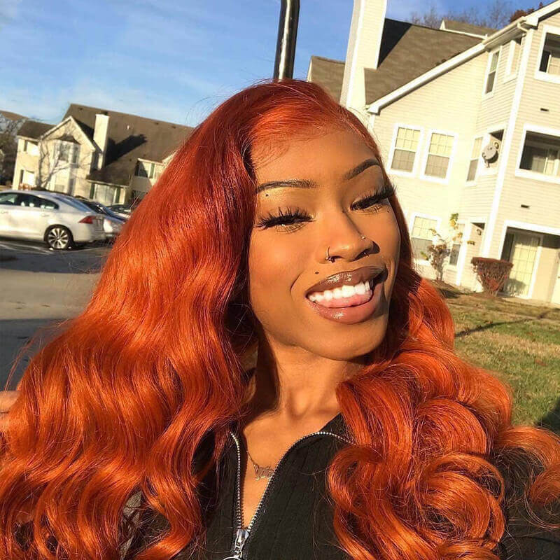 Orange Body Wave Ginger Wavy Remy Human Hair Transparent Lace Front Wigs