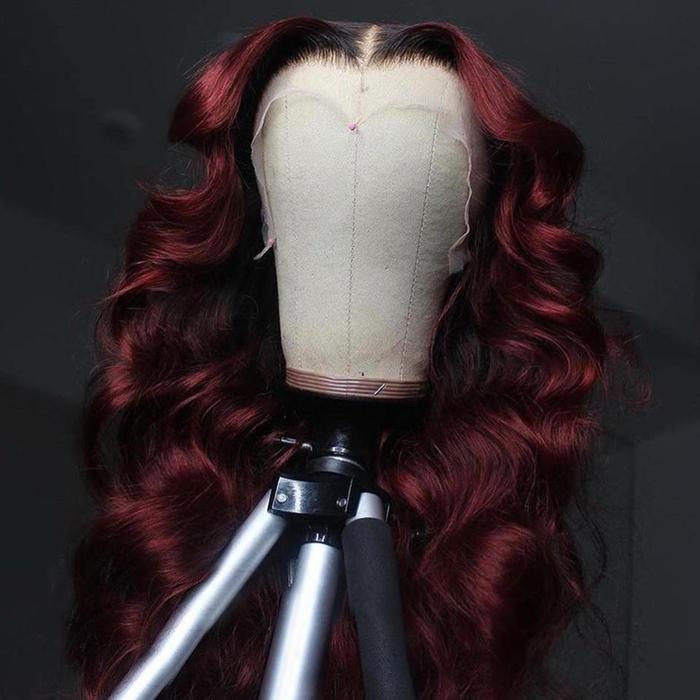 Black Roots Vibrant Burgundy Body Wave Lace Frontal Wig