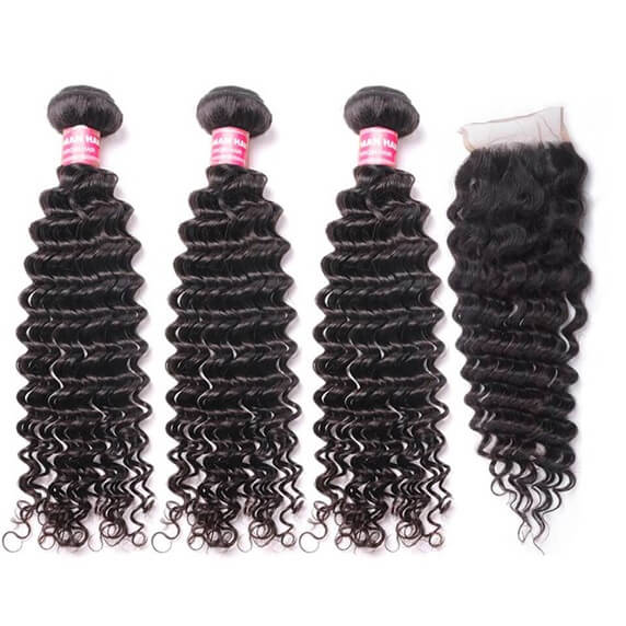Brazilian Remy Hair Deep Wave 4x4 Closure with 3 PCS Top Quality Bundles