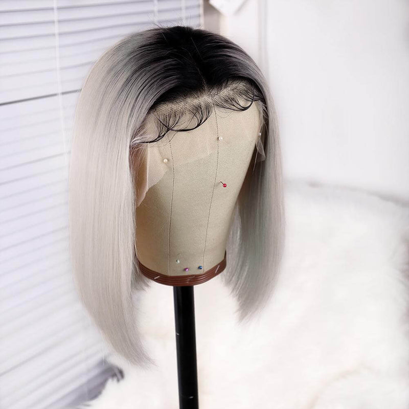 Ombre 1B/Grey Straight Bob Lace Front Wigs 12A Virgin Human Hair Luxurious Wigs