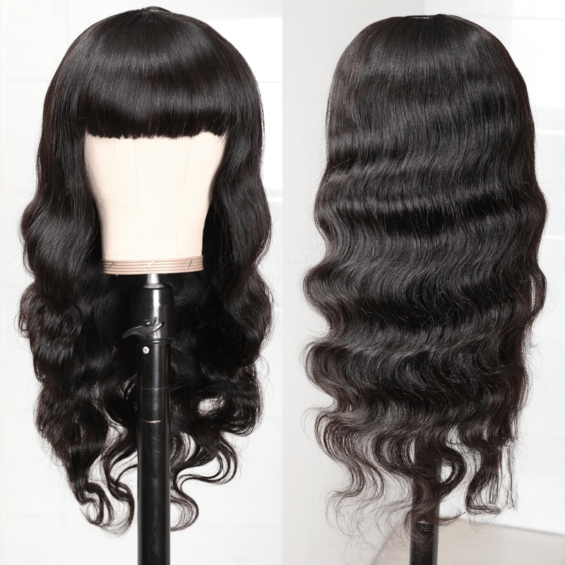 Long Silk Body Wave Virgin Hair Transparent Lace Front Wigs with Bangs