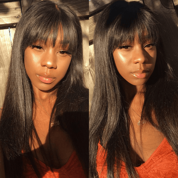 Straight Long Silk Virgin Hair Transparent Lace Front Wigs with Bangs