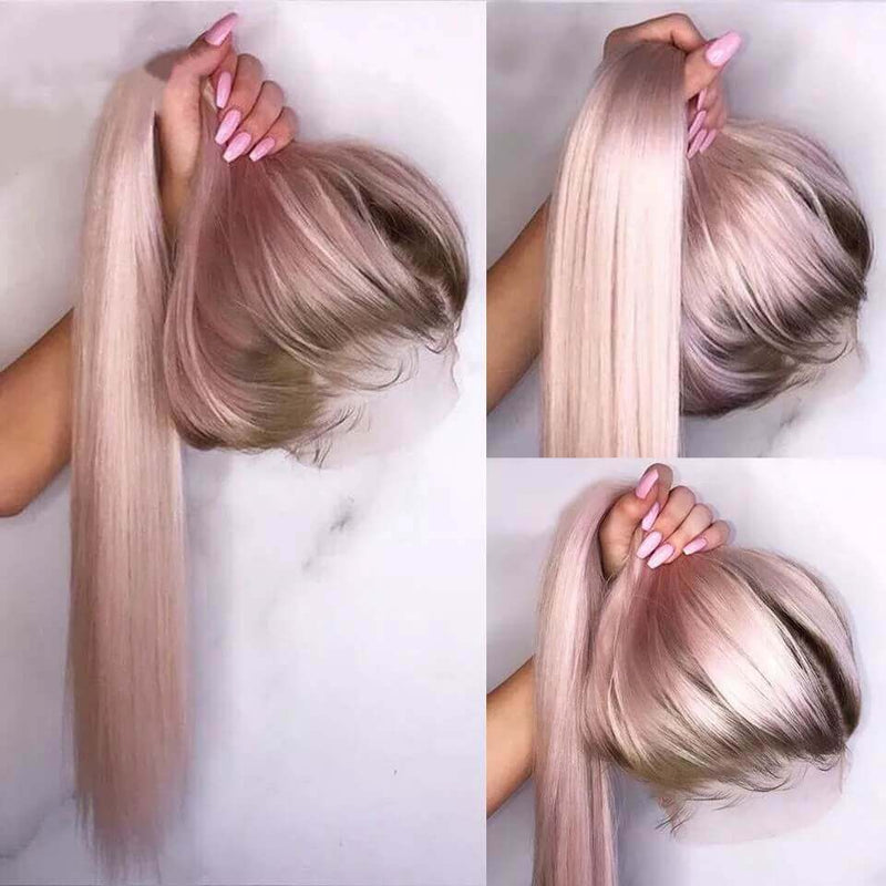 Ombre #4/Pink Straight Lace Front Wigs 100% Virgin Human Hair with Baby Hair