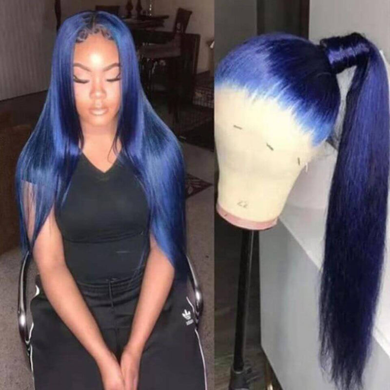 Drak Blue Straight 100% Virgin Human Hair Lace Front Wigs with Baby Hair