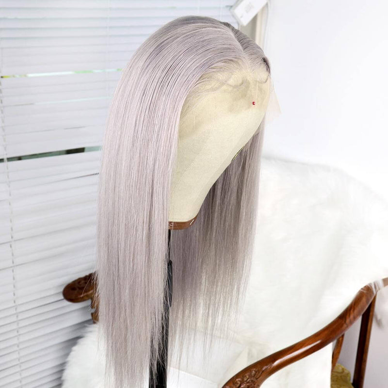Silver Gray Straight Lace Front Wigs 100% Virgin Human Hair Grey Wigs