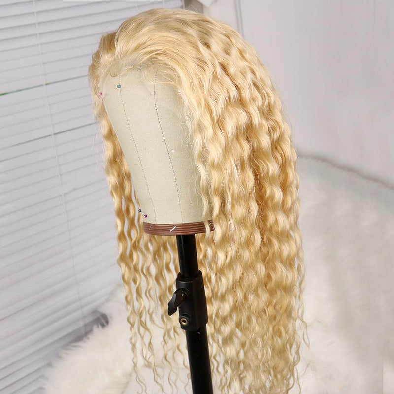 100% Virgin Human Hair Pure 613 Blonde Curly Lace Front Wigs with Baby Hair