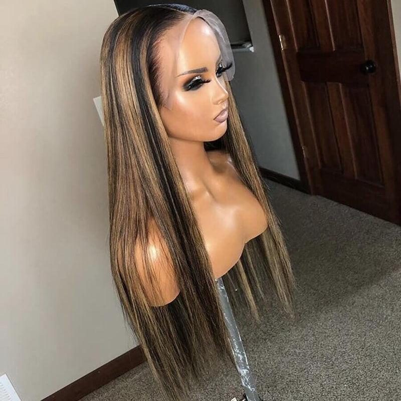 Straight Highlight Transparent Lace Front Wigs 100% Virgin Human Hair
