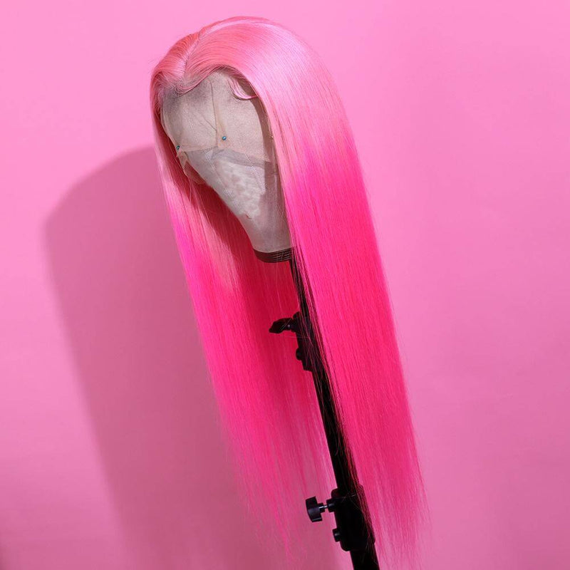 Ombre Pink Straight Transparent Lace Front Wigs 12A Virgin Human Hair