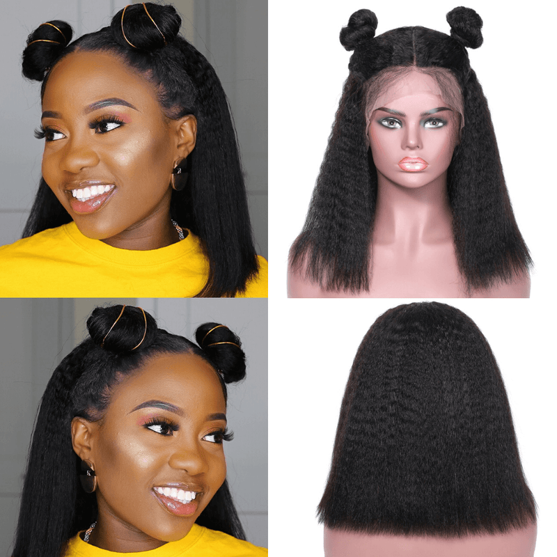 Kinky Straight Bob 12A Virgin Hair 180% Density Lace Front Wigs with Baby Hair