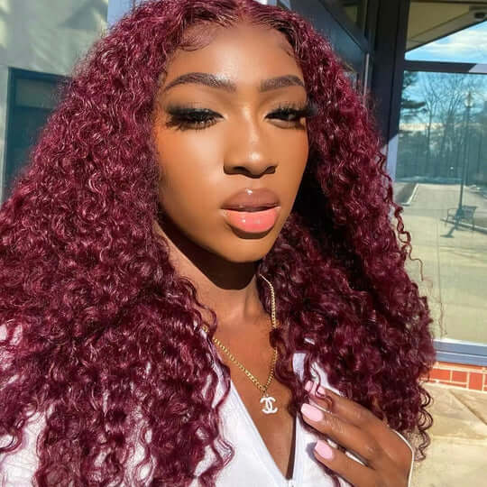 Affordable 99j 20-30inch 150% Density Curly Burgundy 13x4 Lace Front Wigs