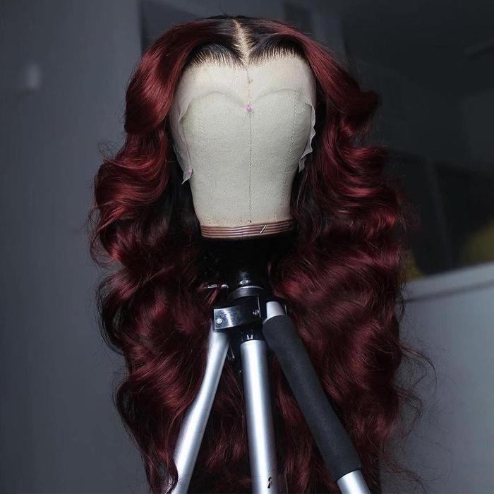 Black Roots Vibrant Burgundy Body Wave Lace Frontal Wig
