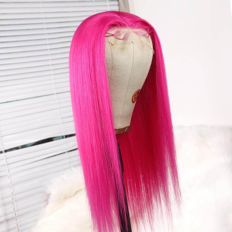 Rose Pink Straight Lace Front Wigs 12A Virgin Human Hair Dark Pink Wigs