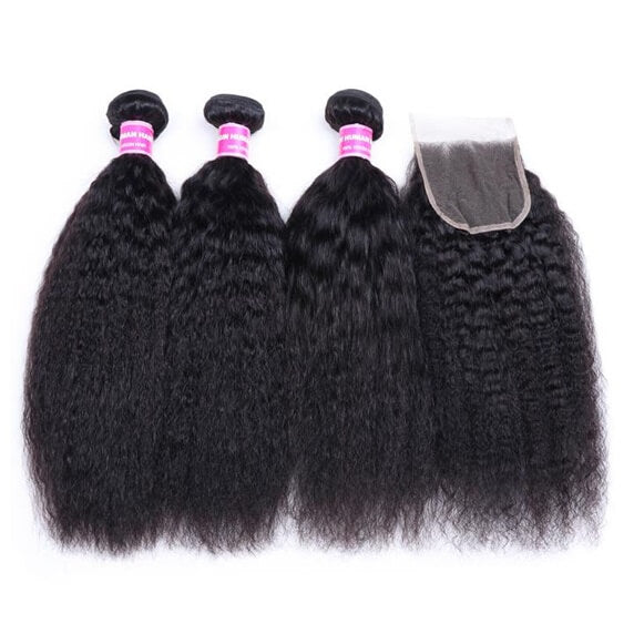 Kinky Straight 3pcs Bundles with 4x4 Closure Remy Human Hair Weave with Closure