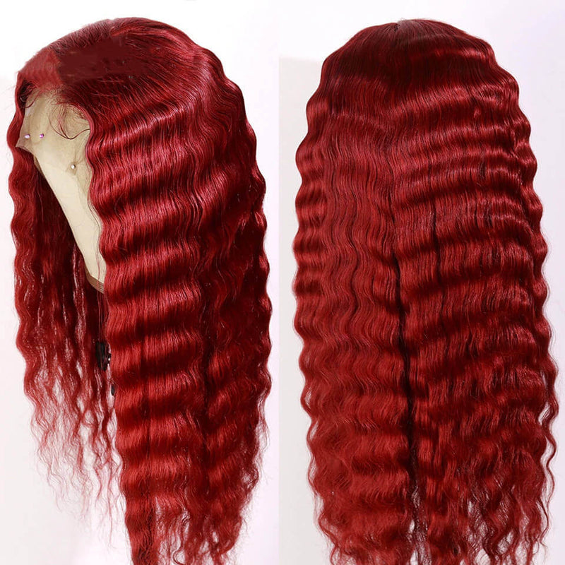 Red Deep Wave Hair Lace Front Wigs 100% Virgin Human Hair Burgundy Wigs