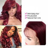 99J Body Wave Lace Front Wigs 100% Virgin Human Hair Burgundy Wigs