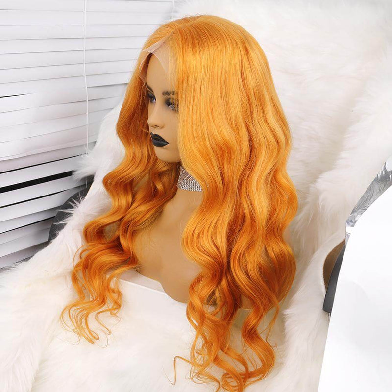 Orange Body Wave Silk Long Wavy Remy Human Hair Transparent Lace Front Wigs