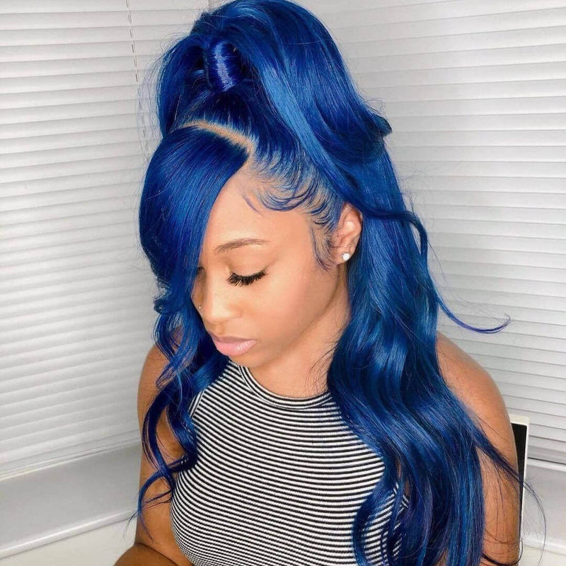 Dark Blue Body Wave Lace Front Wigs 100% Virgin Human Hair Wavy Wigs with Bangs