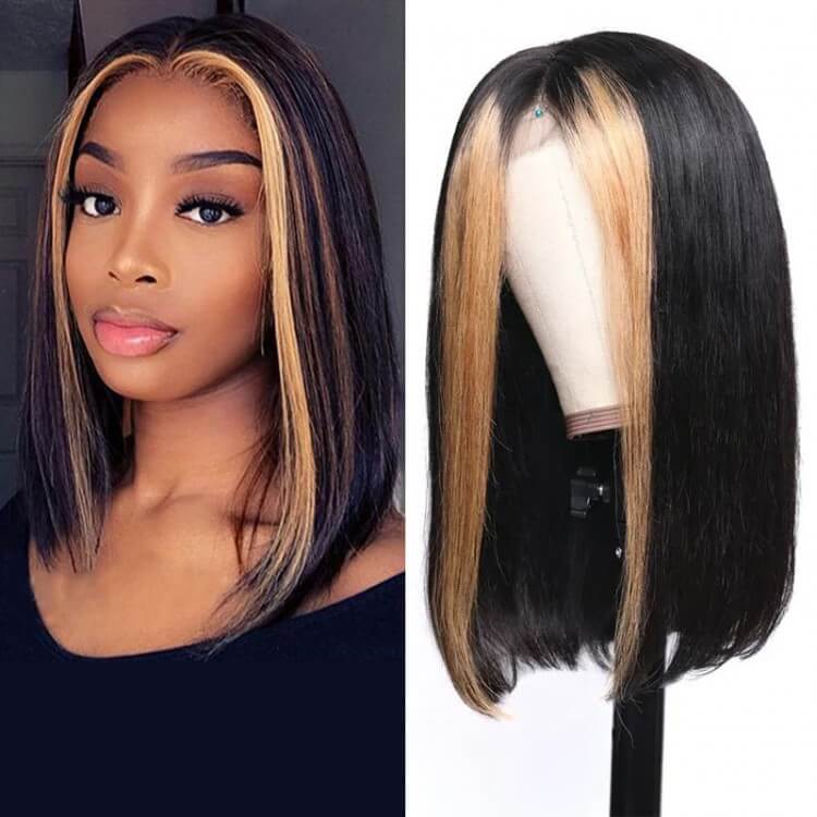 Highlight Short Bob Remy Hair Lace Front Wigs with Baby Hair For Black Women