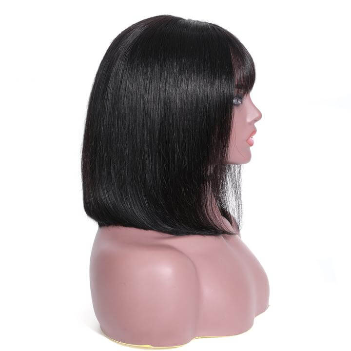 Silk Straight Bob Transparent Lace Front Wigs with Bangs 100% Virgin Human Hair
