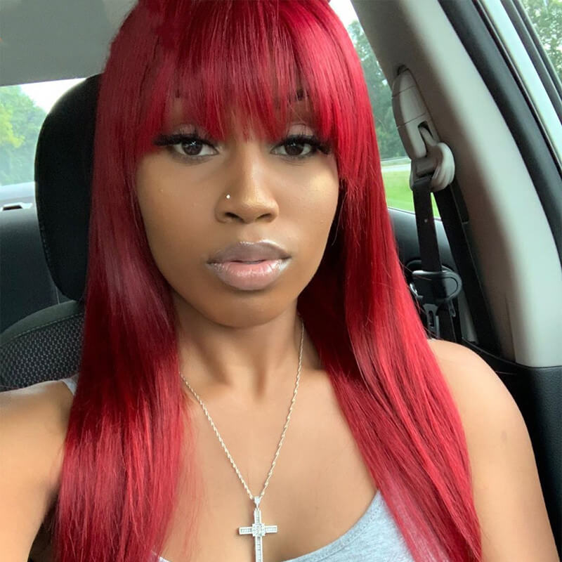 Red Straight Lace Front Wig with Bangs 100% Virgin Hair 200% Density Wigs