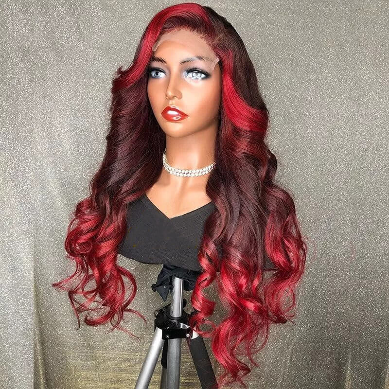 Red Highlights Wigs Body Wave Lace Frontal Wig With Burgundy Highlights  -Alipearl Hair