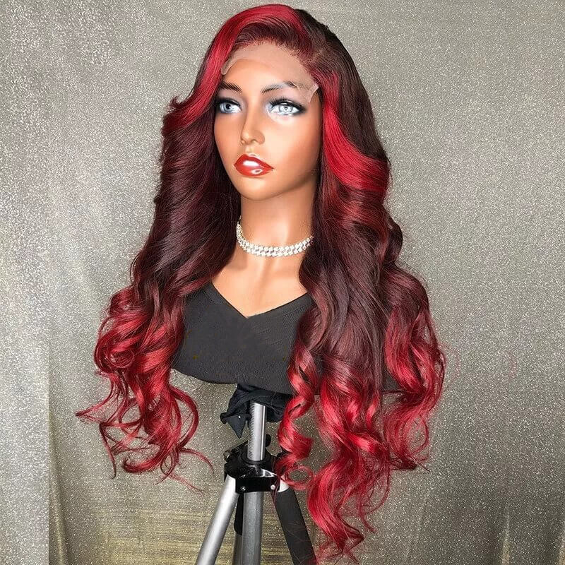 Long Highlight Red Burgundy Body Wave Lace Front Wigs 100% Virgin Human Hair