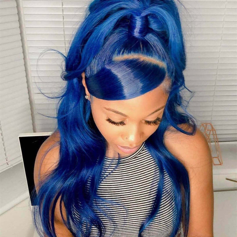 Dark Blue Body Wave Lace Front Wigs 100% Virgin Human Hair Wavy Wigs with Bangs