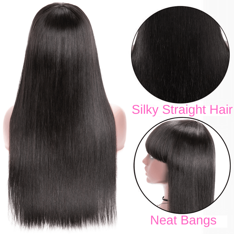 Long Silk Virgin Hair Straight Lace Front Wigs with Bangs For Black Women