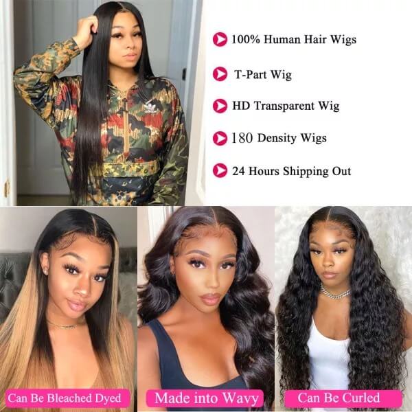 Straight Long Silk Virgin Hair 180% Density Transparent Lace Front Wigs