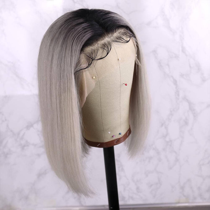 Ombre 1B/Grey Straight Bob Lace Front Wigs 12A Virgin Human Hair Luxurious Wigs
