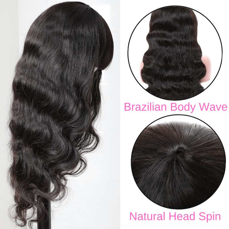 Long Silk Body Wave Virgin Hair Transparent Lace Front Wigs with Bangs