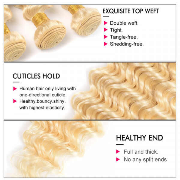613 Blonde Deep Wave 5x5 Closure with 3 PCS Brazilian Remy Hair Bundles
