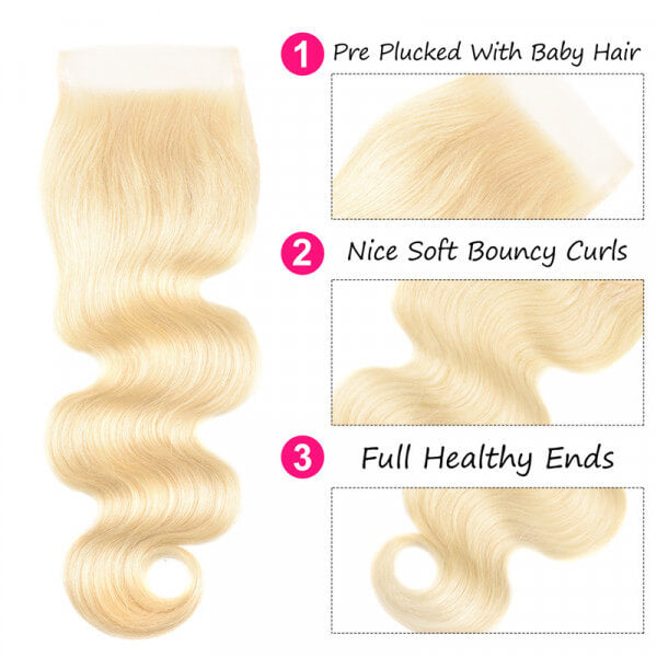 613 Blonde Body Wave Virgin Hair 4x4 Free Part Closure