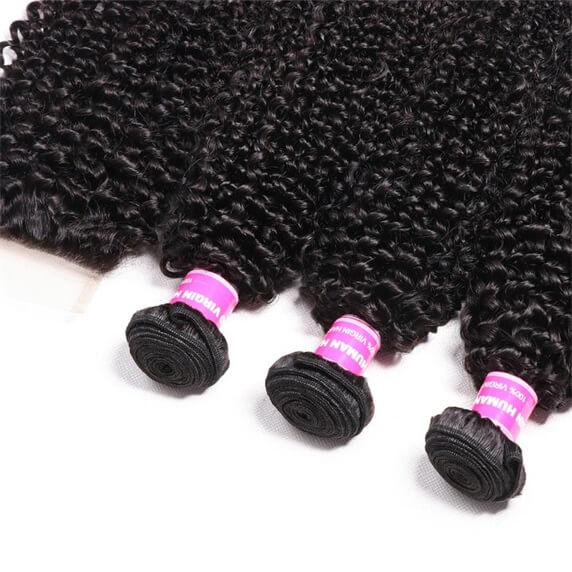 Kinky Curly 3pcs Bundles with 4x4 Closure Remy Human Hair Weave with Closure