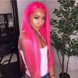 Rose Pink Straight Lace Front Wigs 12A Virgin Human Hair Dark Pink Wigs