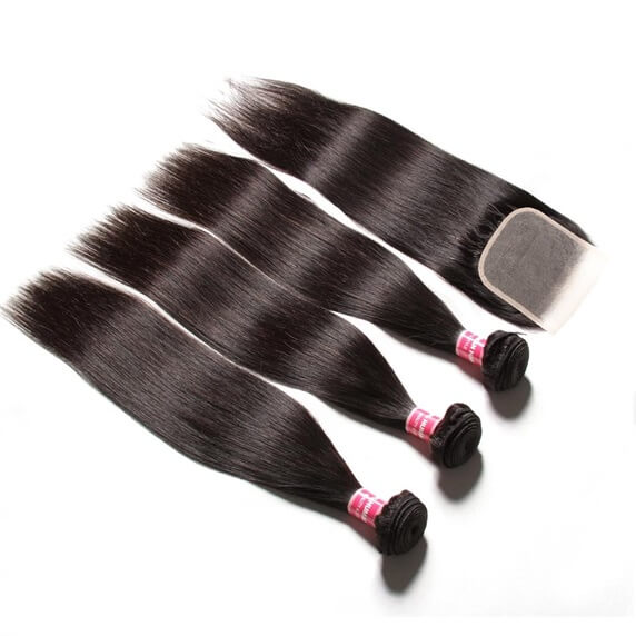 Straight 3pcs Bundles with 4x4 Closure Remy Human Hair Weave with Closure