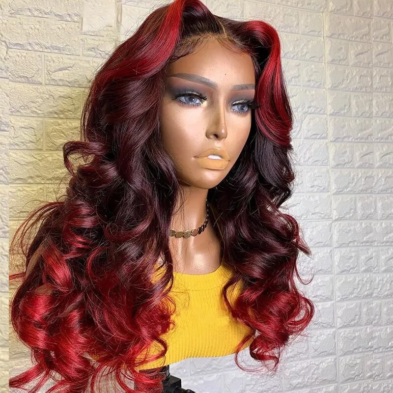 Long Highlight Red Burgundy Body Wave Lace Front Wigs 100% Virgin Human Hair