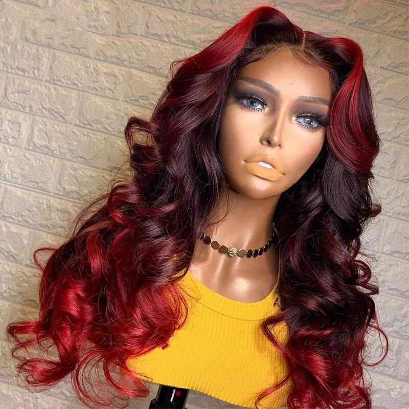 Long Highlight Red Burgundy Body Wave Lace Front Wigs 100% Virgin Human Hair
