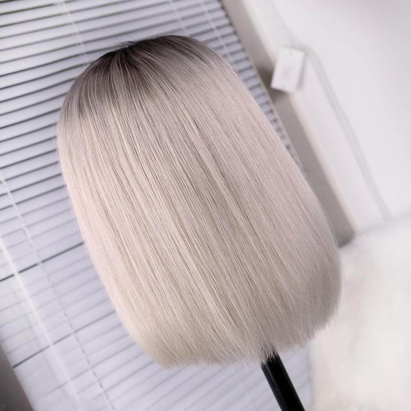 Ombre 1B/Grey Straight Bob Lace Front Wigs 12A Virgin Human Hair Luxurious Wigs