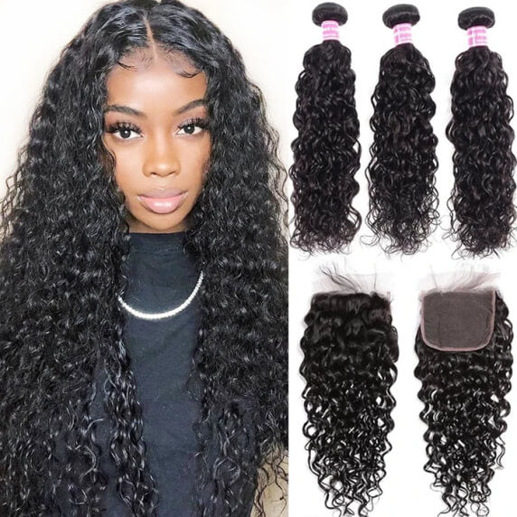 Brazilian Remy Hair Water Wave 4x4 Closure with 3 PCS Top Quality Bundles