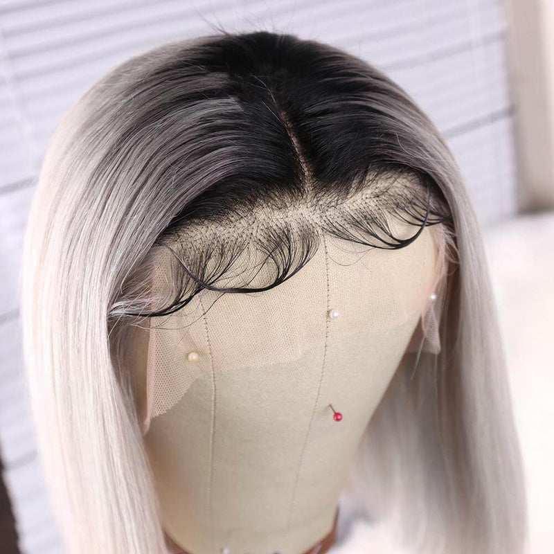 Ombre 1B/Grey Straight Bob Lace Front Wigs 12A Virgin Human Hair Luxurious Wigs