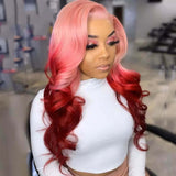Ombre Pink&Red Body Wave Transparent Lace Front Wigs 12A Virgin Human Hair