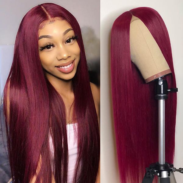 99J Long Silk Straight Virgin Hair 180% Density Burgundy Lace Front Wigs