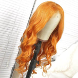 Orange Body Wave Silk Long Wavy Remy Human Hair Transparent Lace Front Wigs