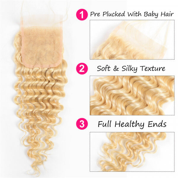 613 Blonde Deep Wave 5x5 Closure with 3 PCS Brazilian Remy Hair Bundles