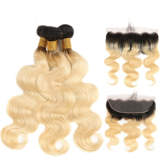 Ombre 1B/613 Blonde Body Wave 13x4 Lace Frontal with 3 PCS Top Quality Bundles