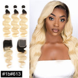 Ombre 1B/613 Blonde Body Wave 4x4 Closure with 3 PCS Top Quality Bundles