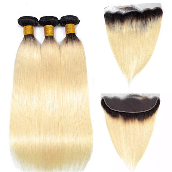 Ombre 1B/613 Blonde Straight 13x4 Lace Frontal with 3 PCS Top Quality Bundles